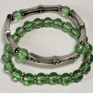 Set of 2 Silver tone Textured design & beads stretchy Bracelet - Women's Fashion
